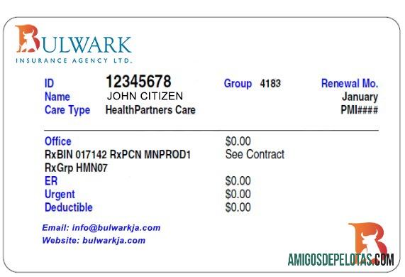 Cartão de seguro saúde da Jamaica exemplo